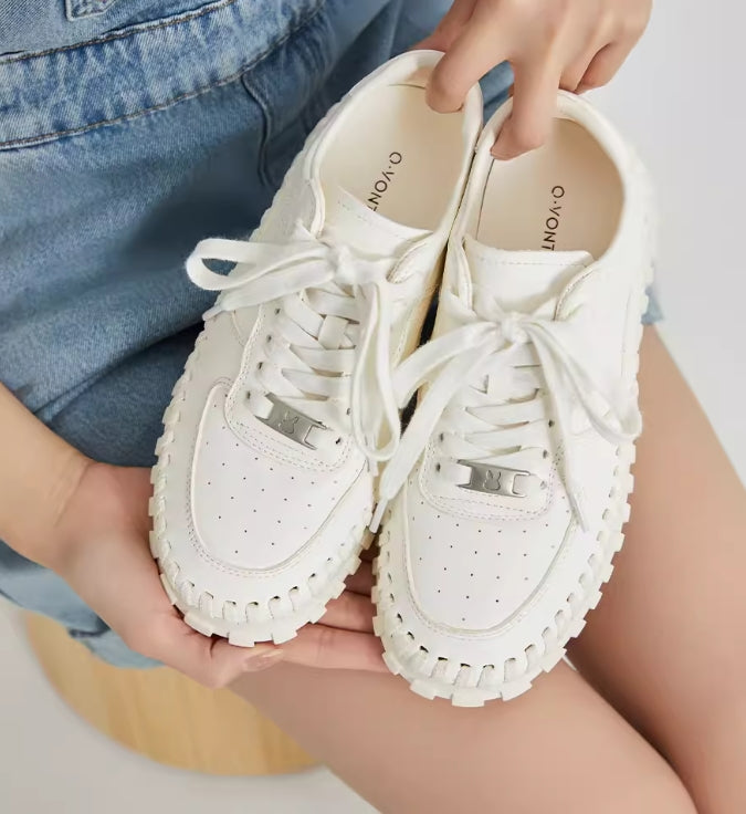 High-definition stitching thick-soled white shoes for women 2024 new spring all-match genuine leather niche casual sports sneakers